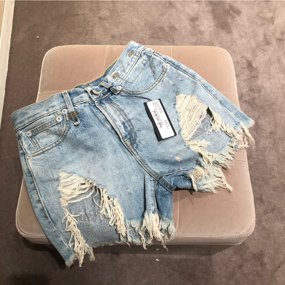 R13 BLUE SHREDDED SLOUCH DENIM SHORTS